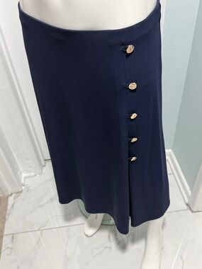 JM Collection Navy Midi Skirt with Gold Buttons